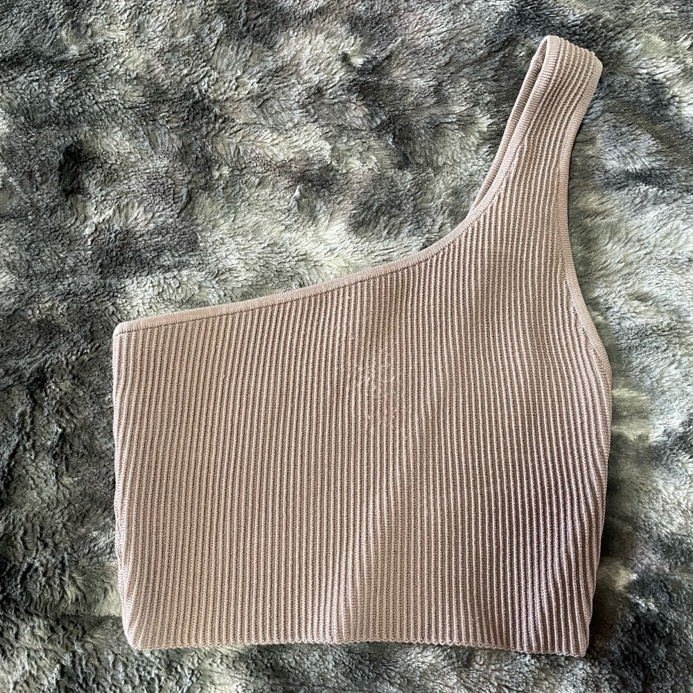 Babaton Tan Asymmetrical Ribbed Tank Top